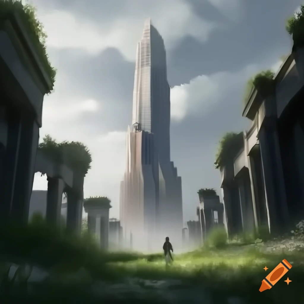 Post-apocalyptic cityscape with nature reclaiming urban landscape and ruined art deco skyscraper