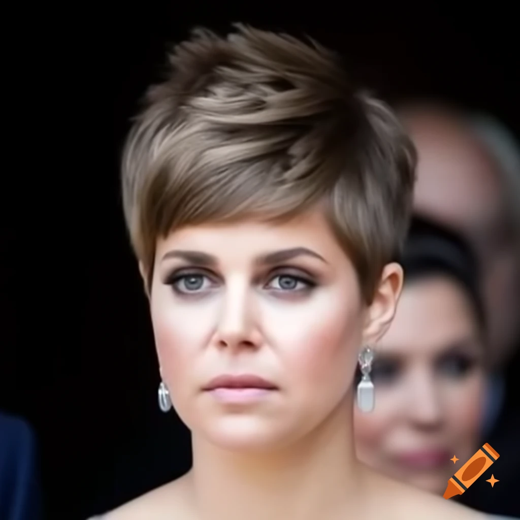 Princess Madeleine showcasing a short pixie cut hairstyle