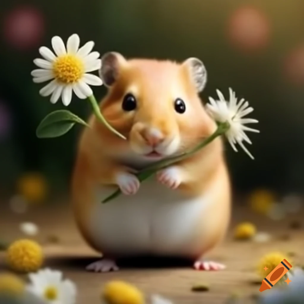 Hamster holding a bouquet of flowers