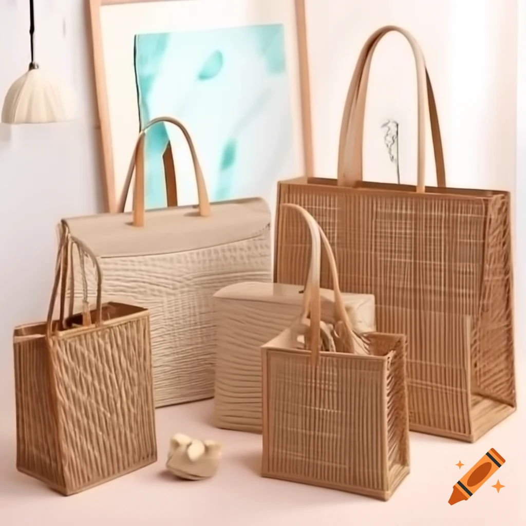 Five woven and non-woven printed shopping bags displayed together