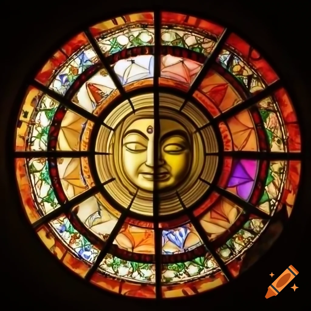 Stained glass design for double doors with Buddha Amitabha mandala and Wawel Castle theme
