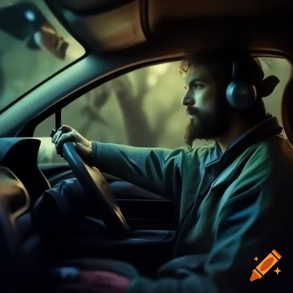 Engineer in intense car driving through woods at night with olive lighting