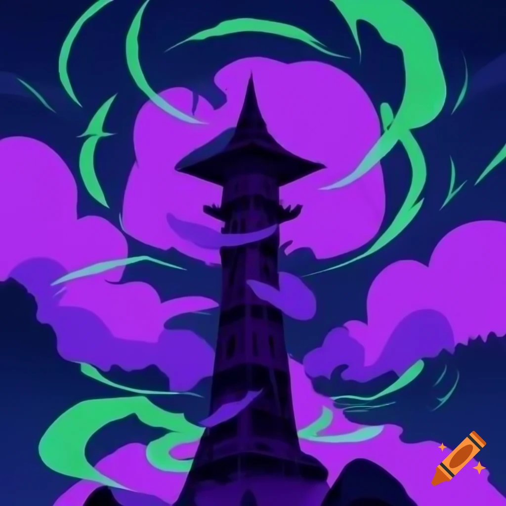 Inspiring illustration of large purple tower with green highlights