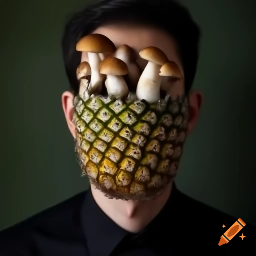 Surreal representation of mushrooms and a pineapple-faced character inspired by Zardoz