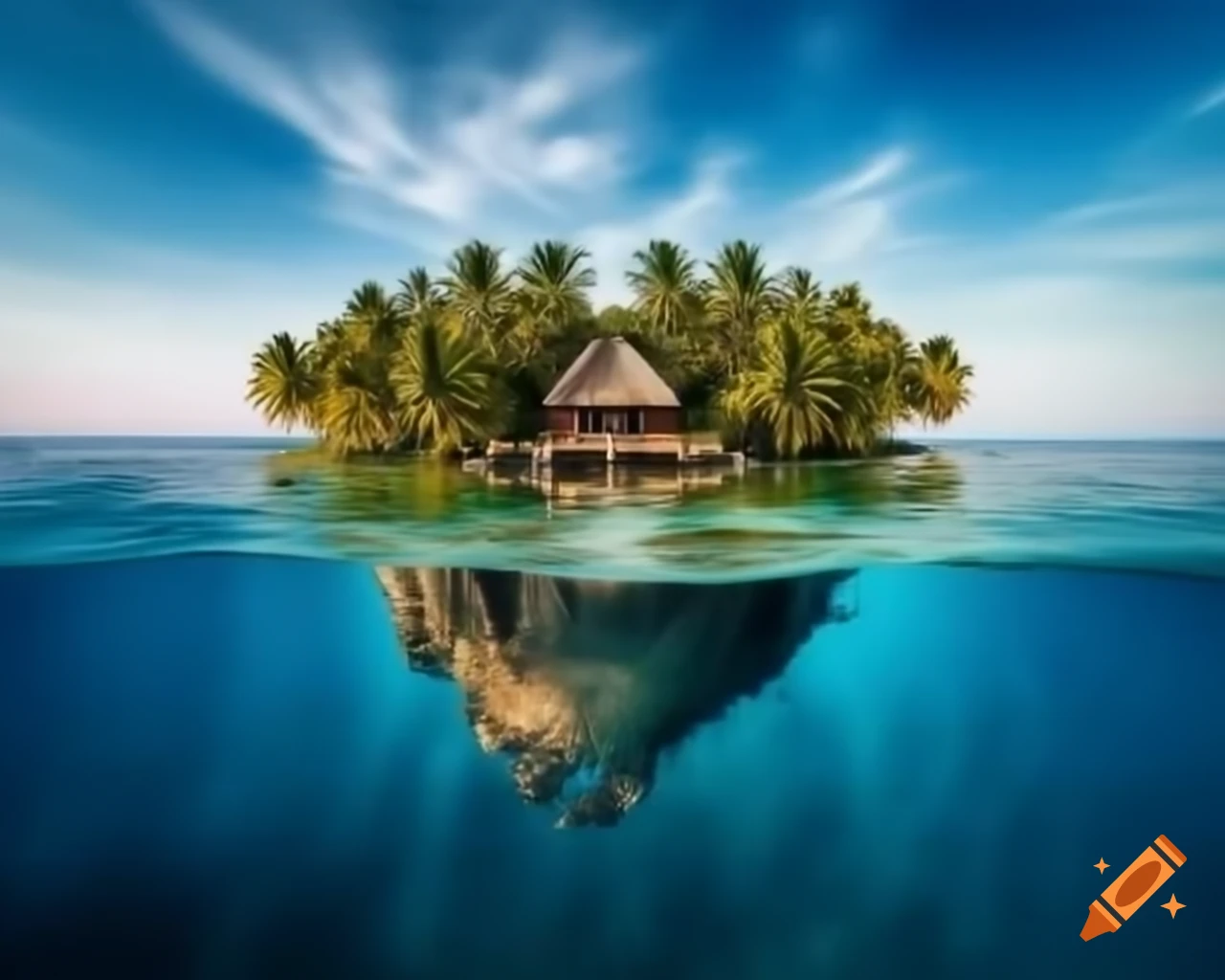 Heart-shaped island with palms and log cabin, waterfall, high angle shot