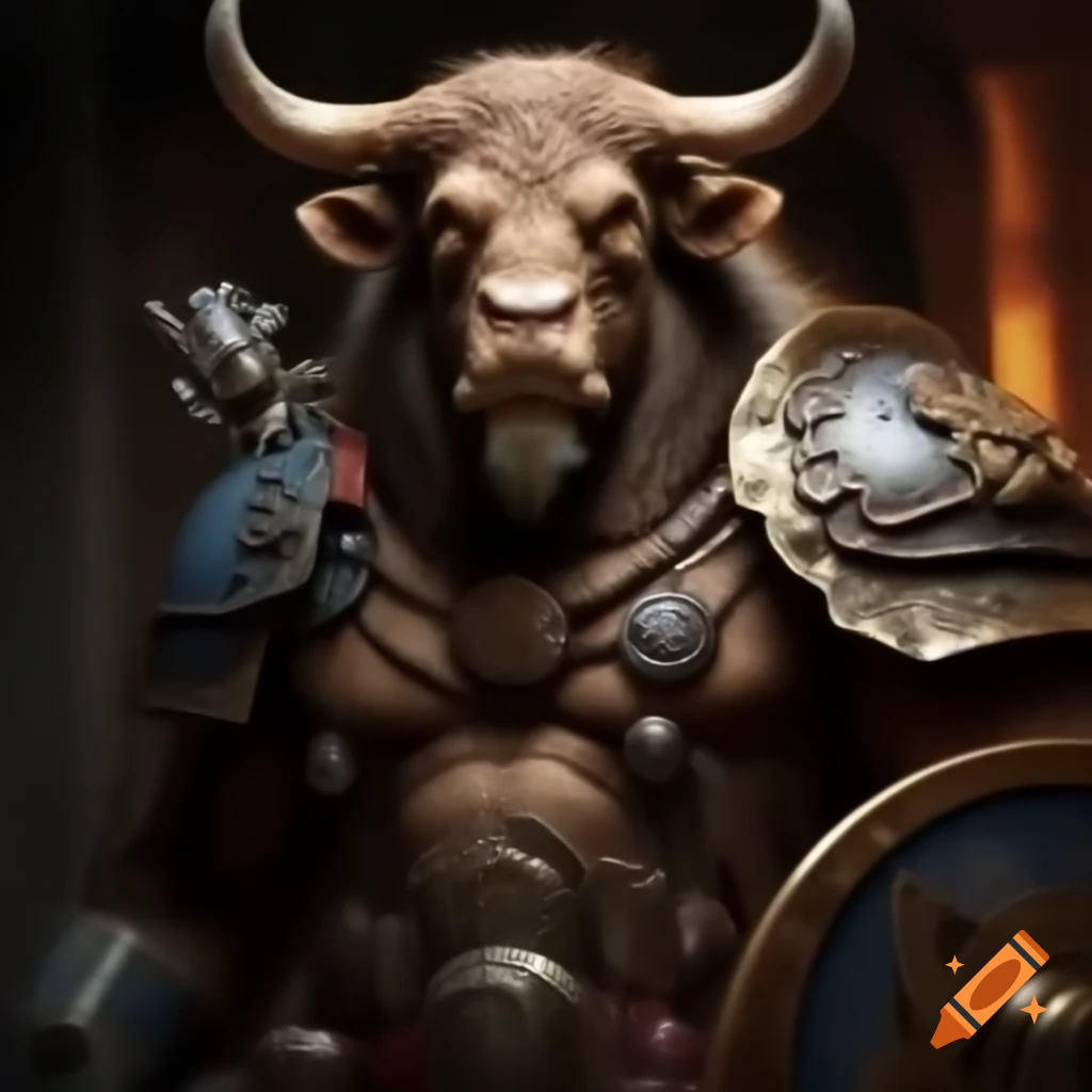 Minotaur in heavy armor wielding warhammer and shield