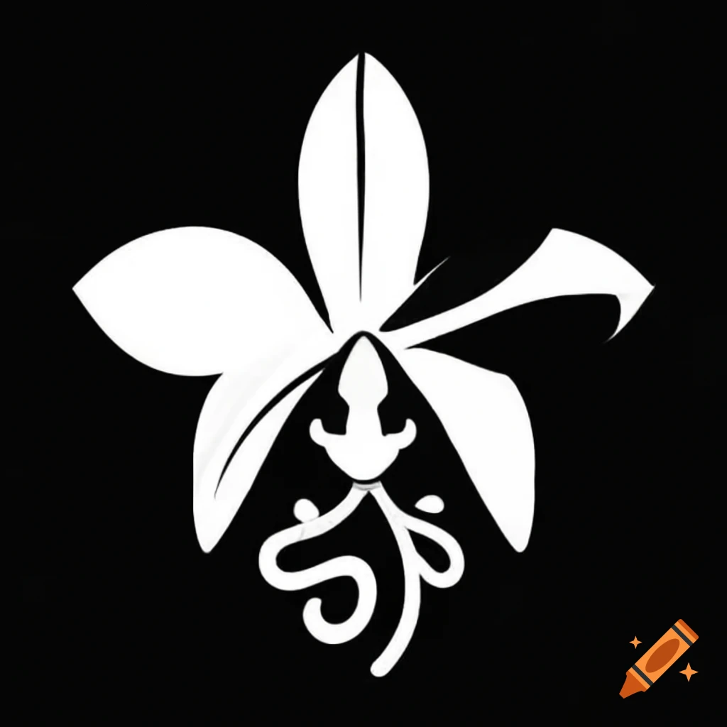 White orchid symbol on black background