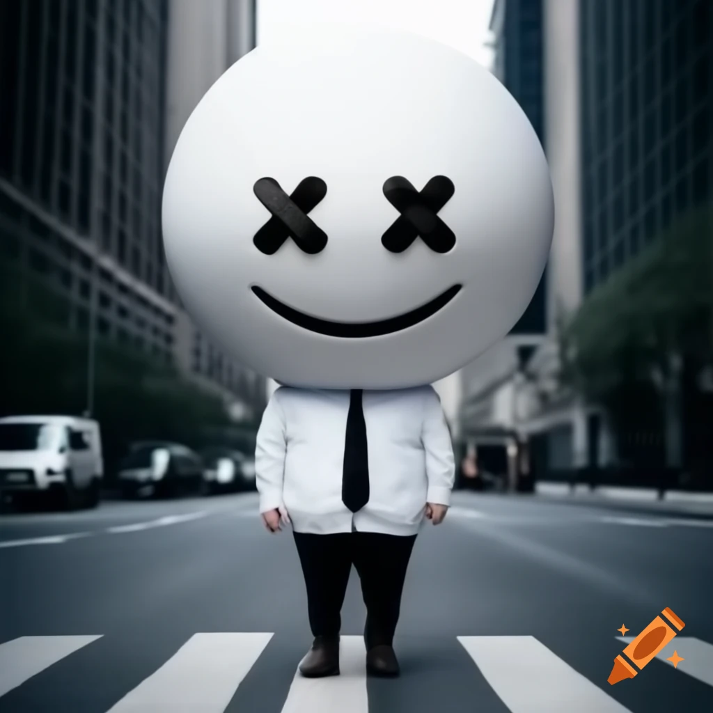 Person in large white smiling emoji head on city street with tall buildings