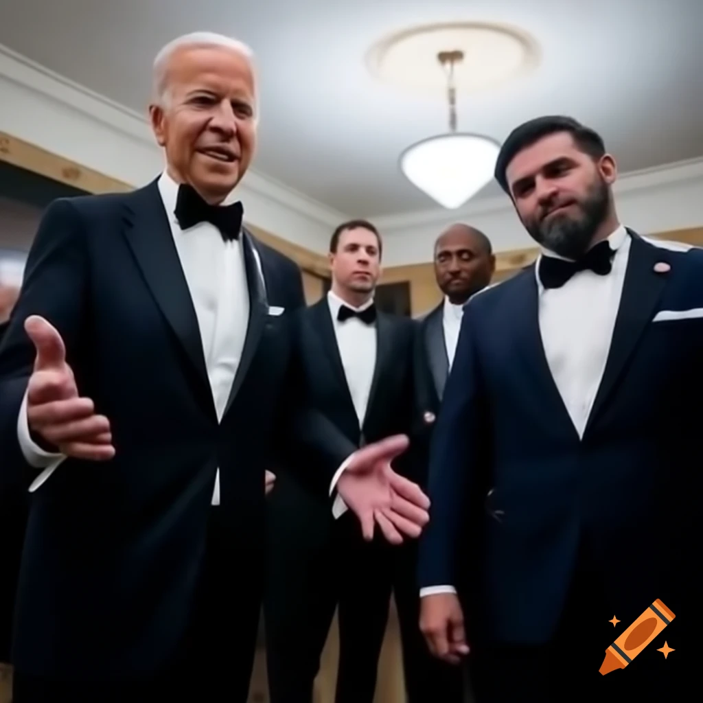 Action shot of Joe Biden and two others wearing tuxedos