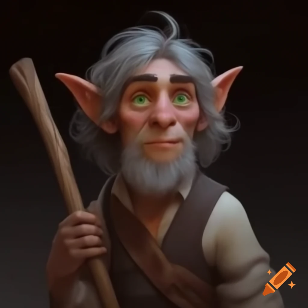 Realistic male halfling merchant with willow staff and uneven skin tone
