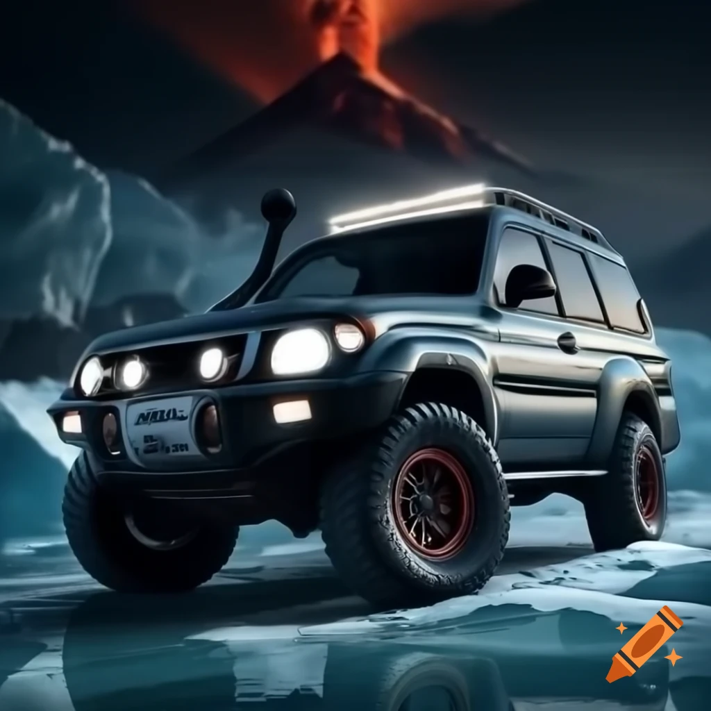 Lifted dark grey Pajero Shogun with large tires on glacier under volcanic eruption at night