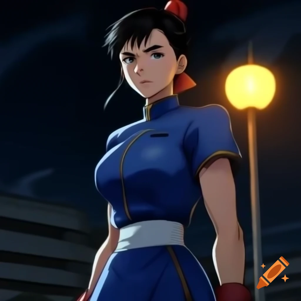 Anime depiction of Chun-li from Street Fighter with akimbo pose in front of floodlight
