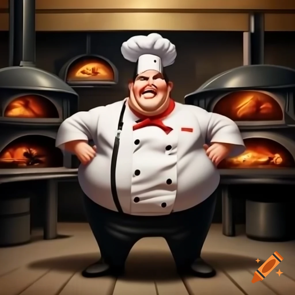 Overweight chef laughing in front of ovens while cooking pizzas, artistic style