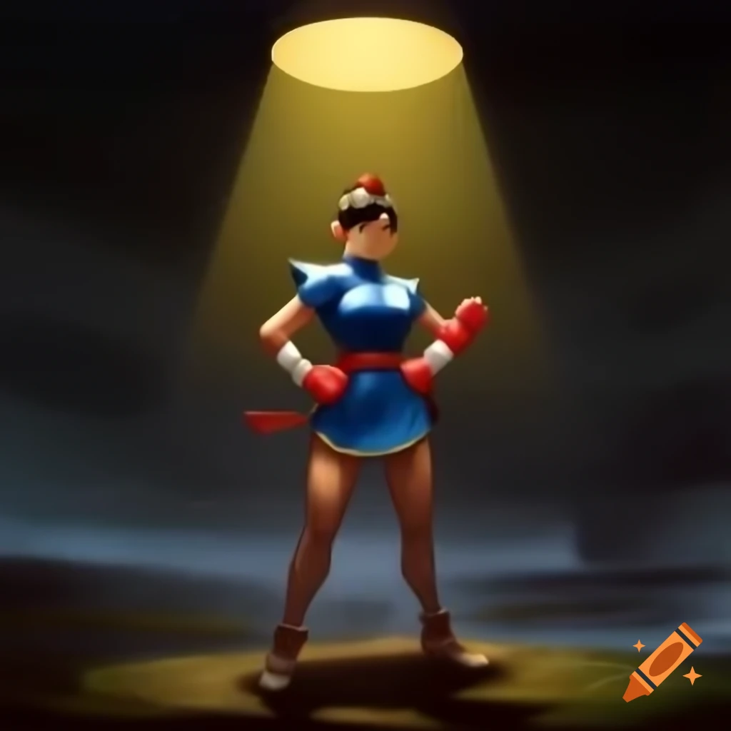 Anime Chun-li from Street Fighter akimbo in front of a floodlight