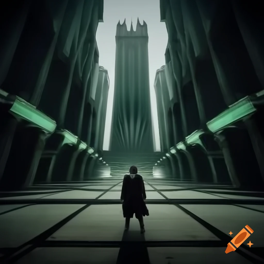 Dystopian future vision with Art Deco geometric elegance in deep blues and teals