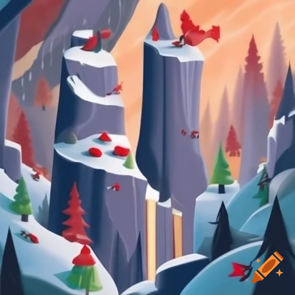 Panorama of Christmas forest scene merging Native Salish and Russian fairytale motifs with evergreens