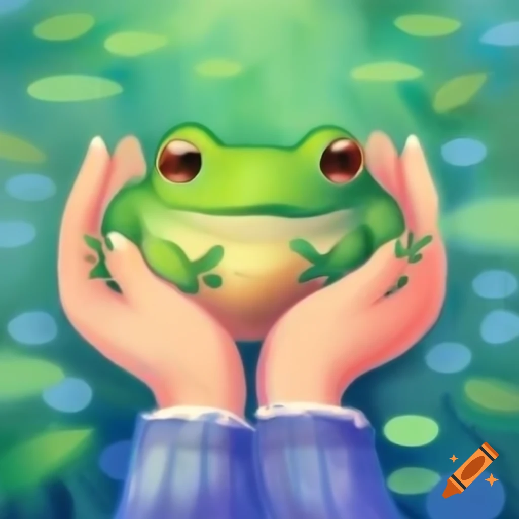 Hands holding frog, inspired by Monet style painting