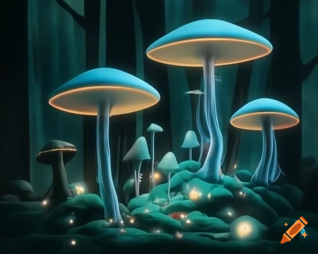 Surreal biopunk forest with glowing bioluminescent trees merging nature and technology