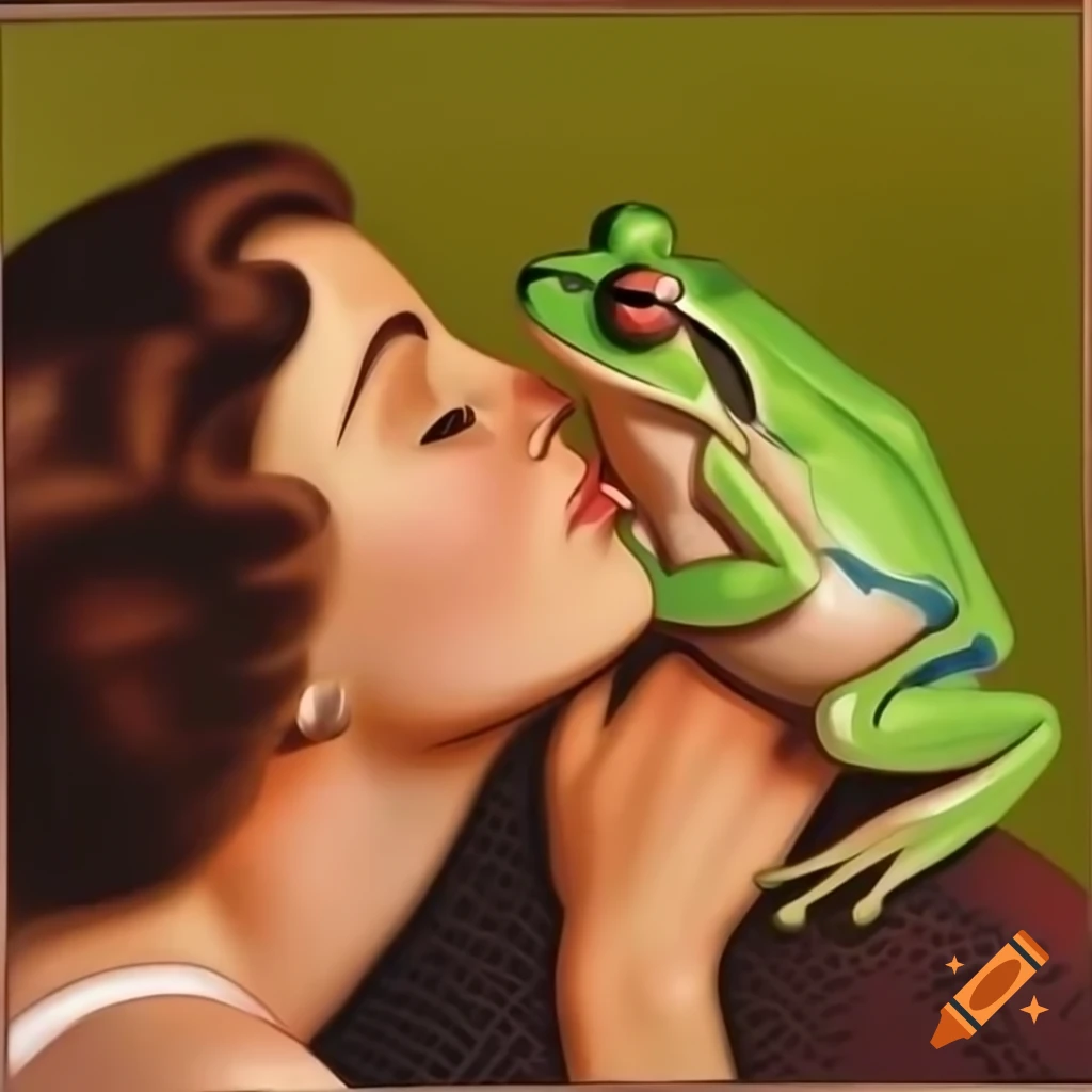 Vintage oil painting of a frog and a woman kissing