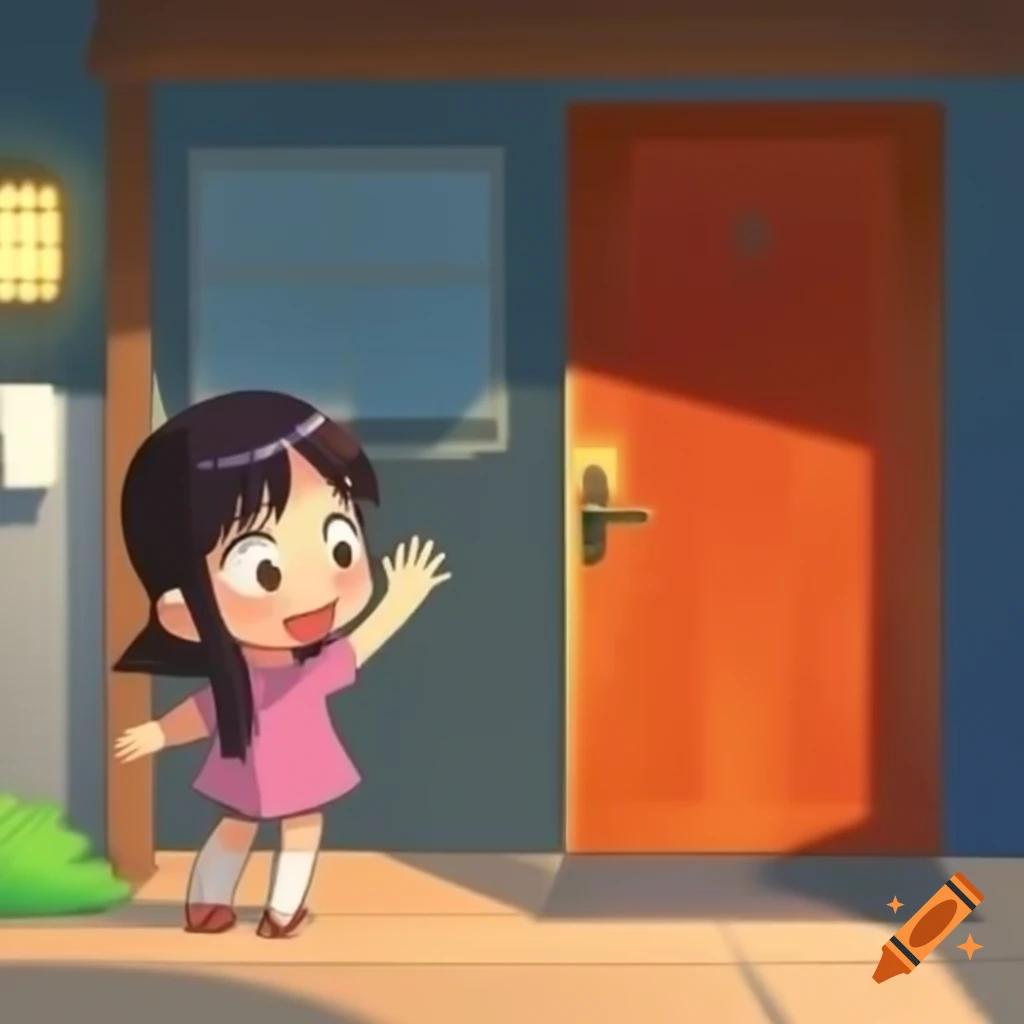 Anime mother waving at front door step