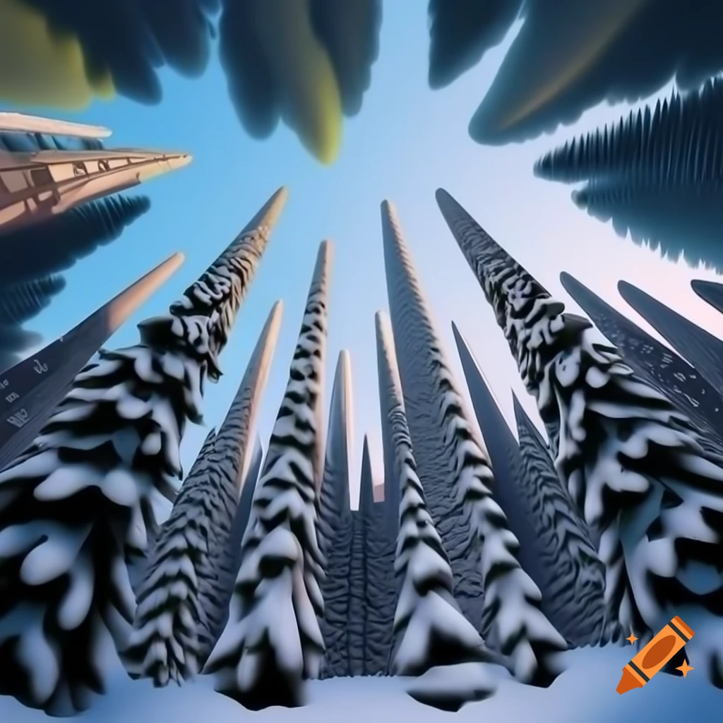 Panorama illustration of Christmas forest scene blending Salish and Russian fairytale motifs