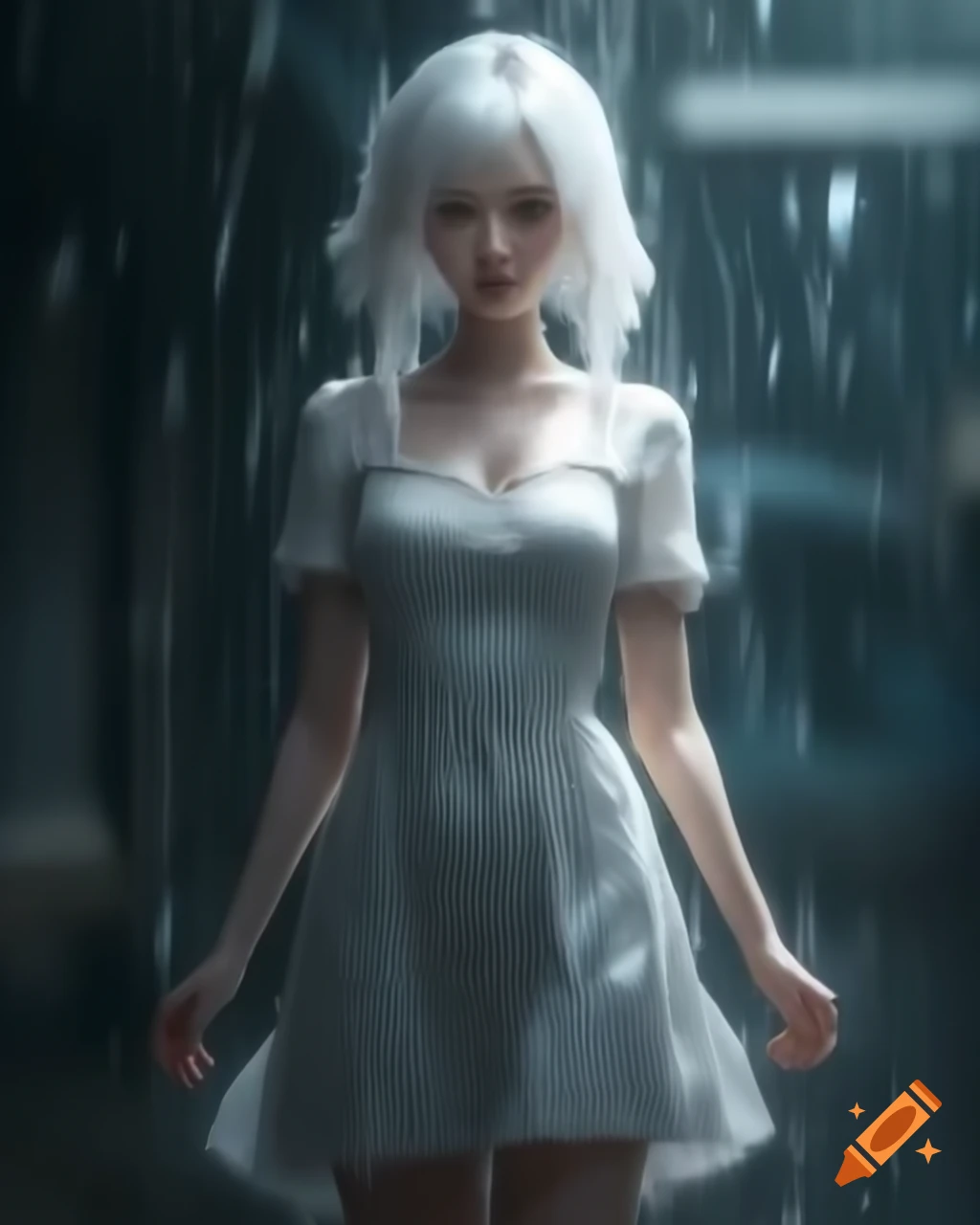 Anime woman with white hair in dress on a rainy day, realistic style