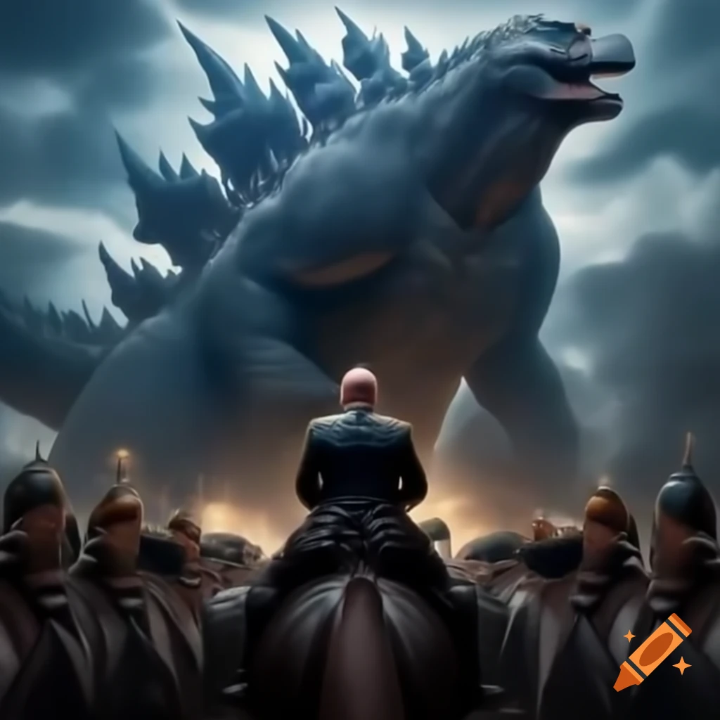 Surreal scene of President Putin riding Godzilla in battle, addressing military allies