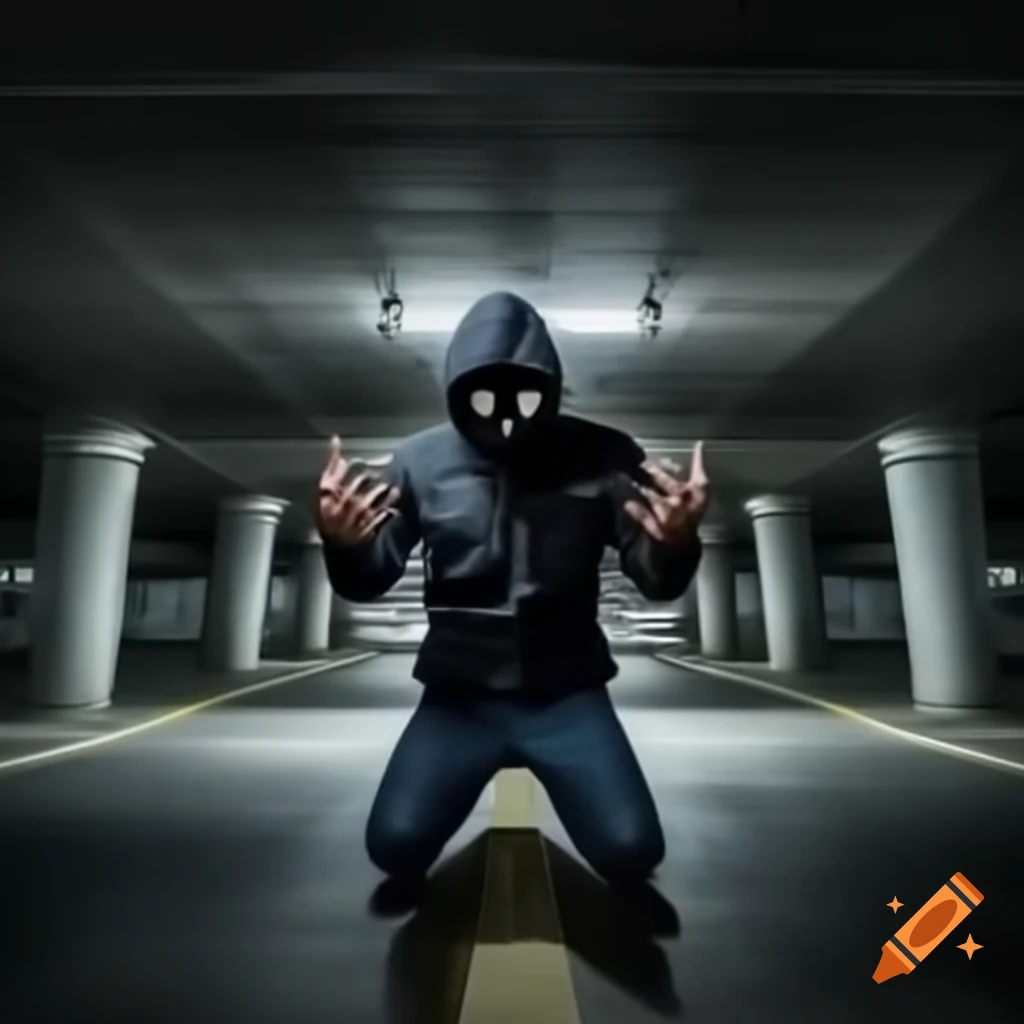 Masked robber in underground parking garage making hand gestures