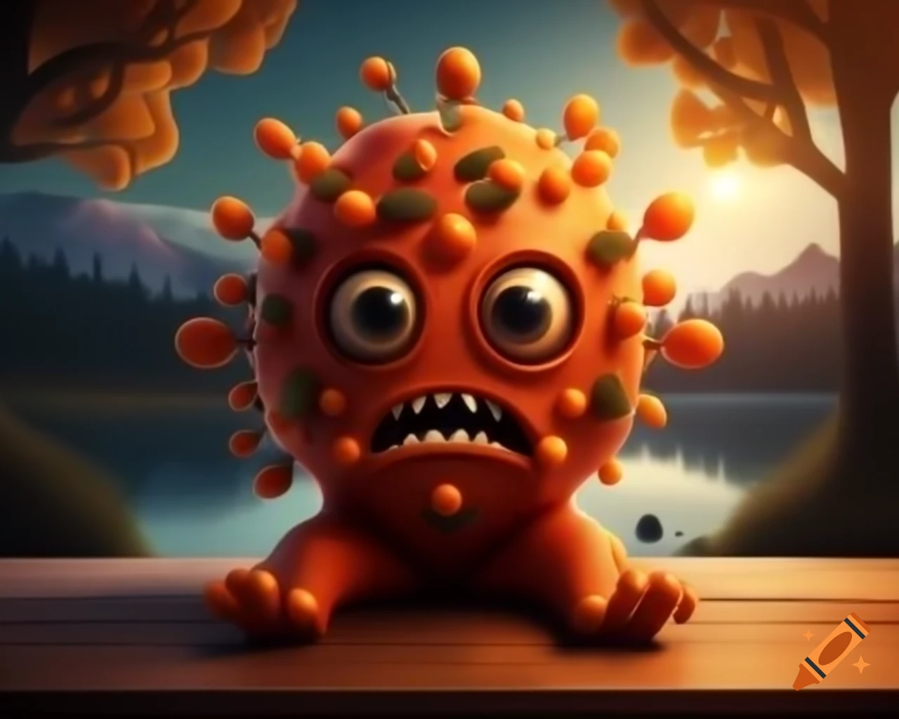 3D orange tree monster with human face on wooden table in forest