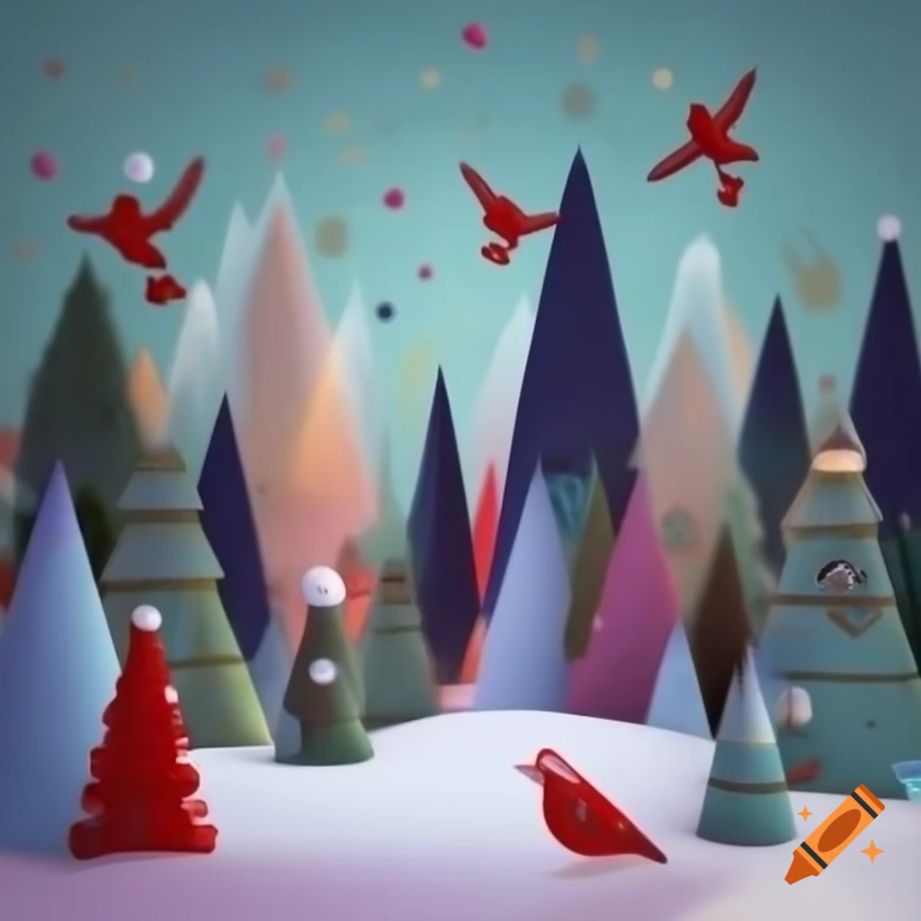 Panorama illustration of Christmas forest scene with Salish and Russian fairytale motifs