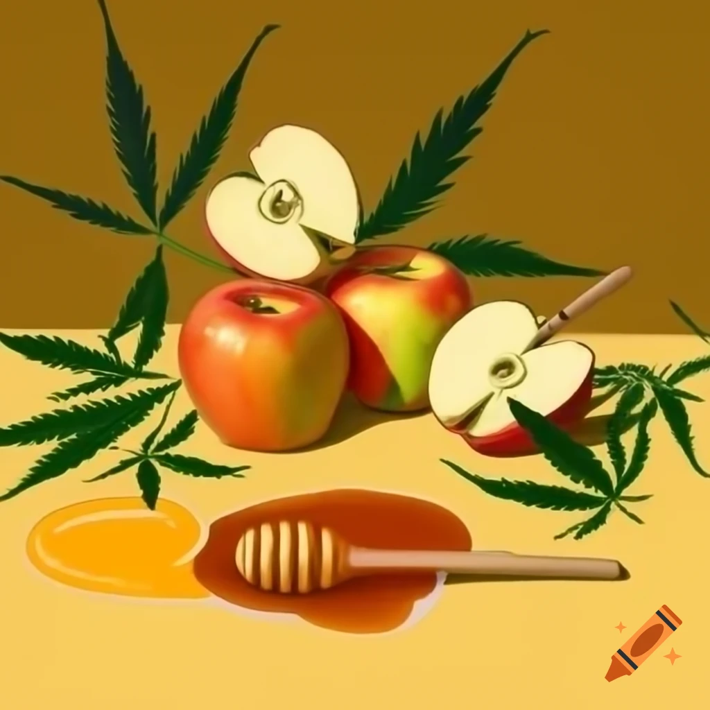 Still life of apples and honey with marijuana leaves in Van Gogh style