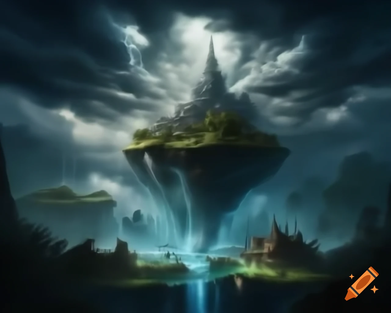 Floating island with medieval city amidst dark clouds and waterfalls, ultra wide angle