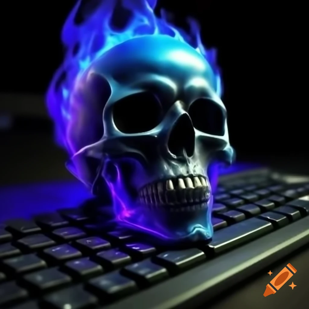 Evil blue flaming skull beside highlighted keyboard key 'G'