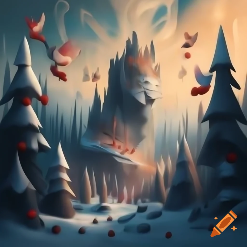 Panoramic illustration of Christmas forest scene blending Salish and Russian fairytale motifs with evergreens