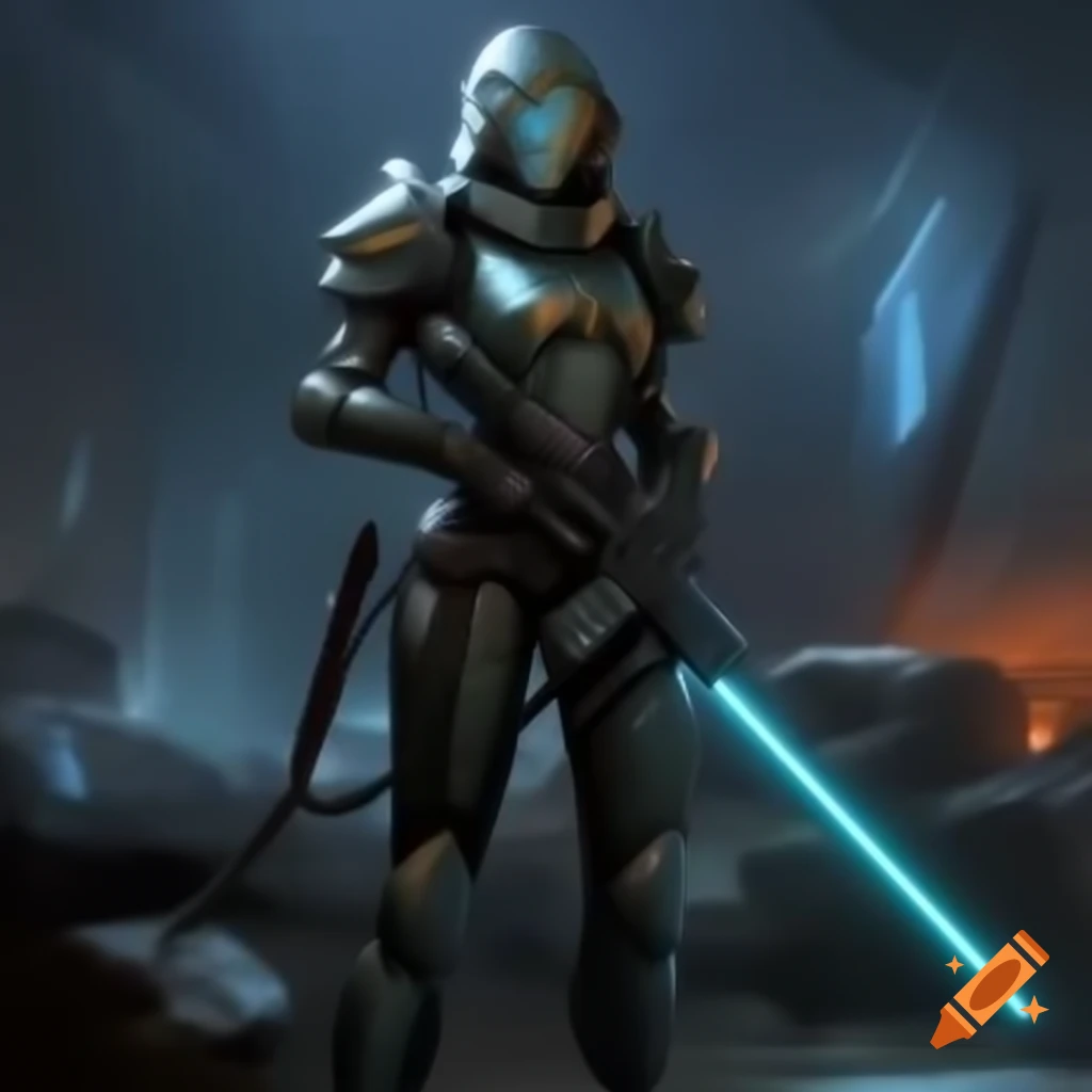 Slender warrior in armor with laser rifle in futuristic battlefield