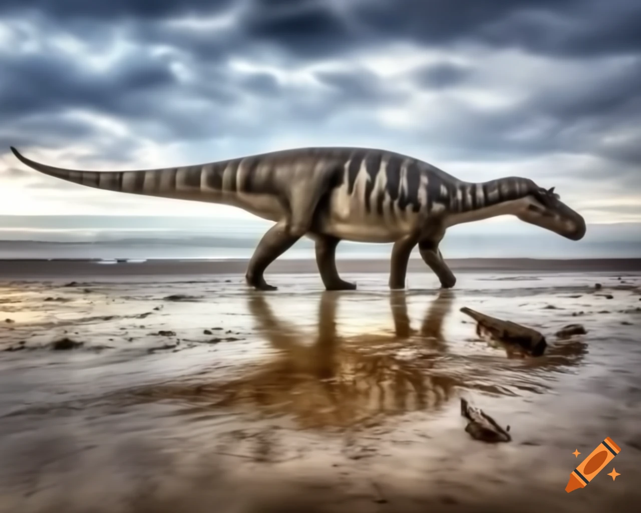 Allosaurus walking on puddly beach with sand ripples and driftwood in British Columbia
