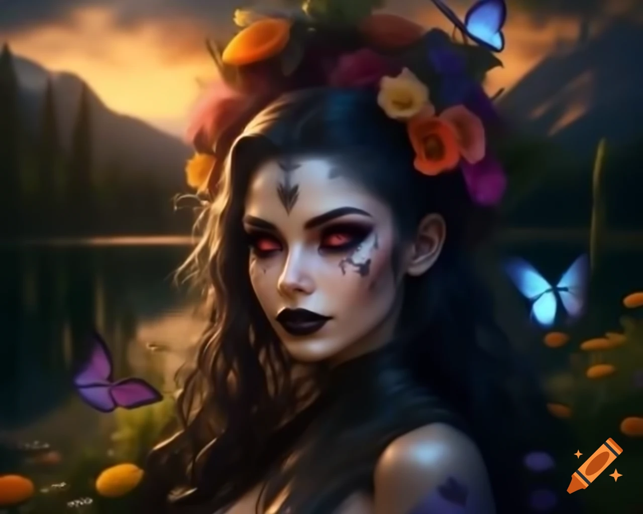 Hyperrealistic portrait of Gothic woman with flowers and butterflies in hair