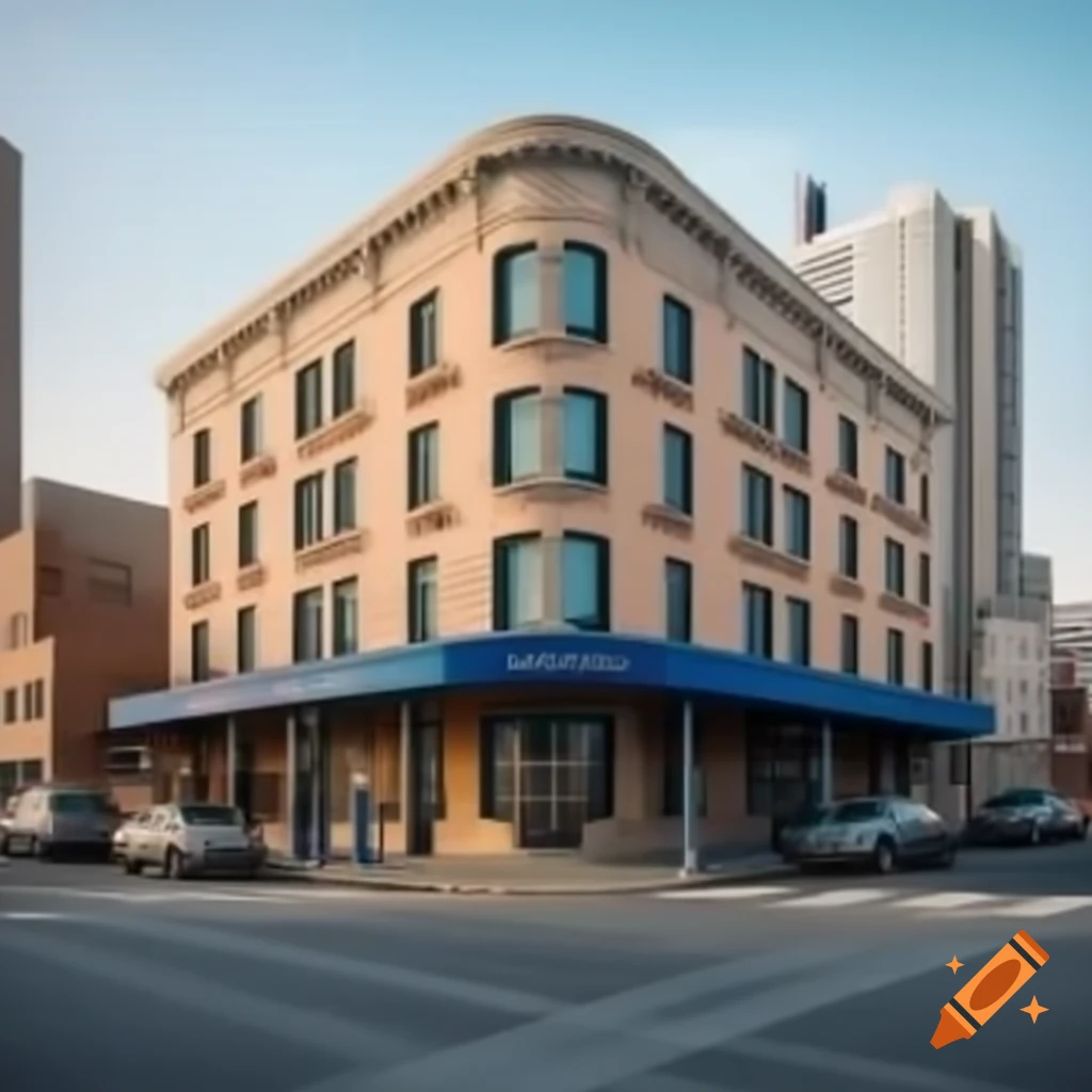 Realistic cinematic view of a motel building in an urban city