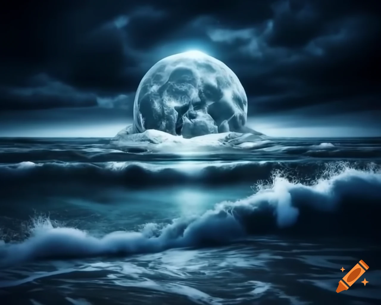 Glowing moon globe with waterfall over stormy ocean and crashing waves