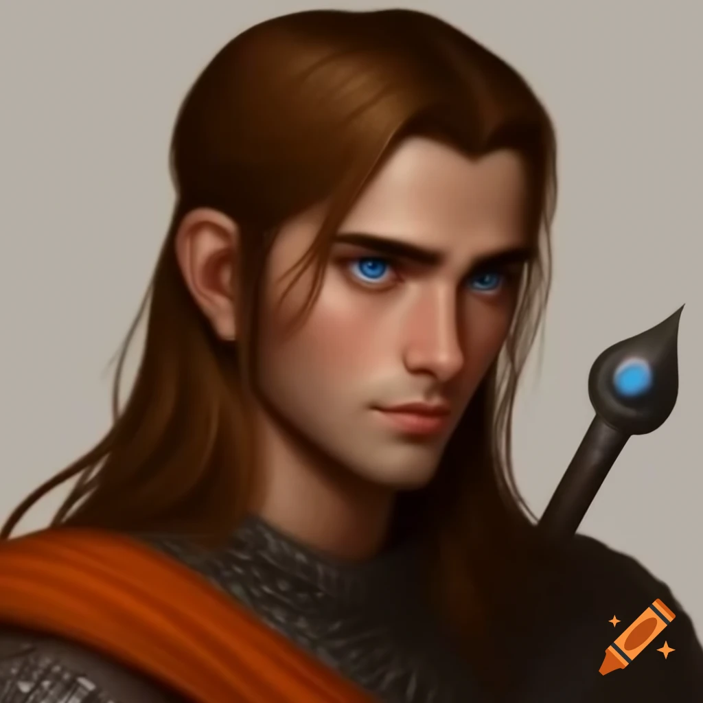 Young man in chainmail and dark orange tunic wielding intricate Yklwa