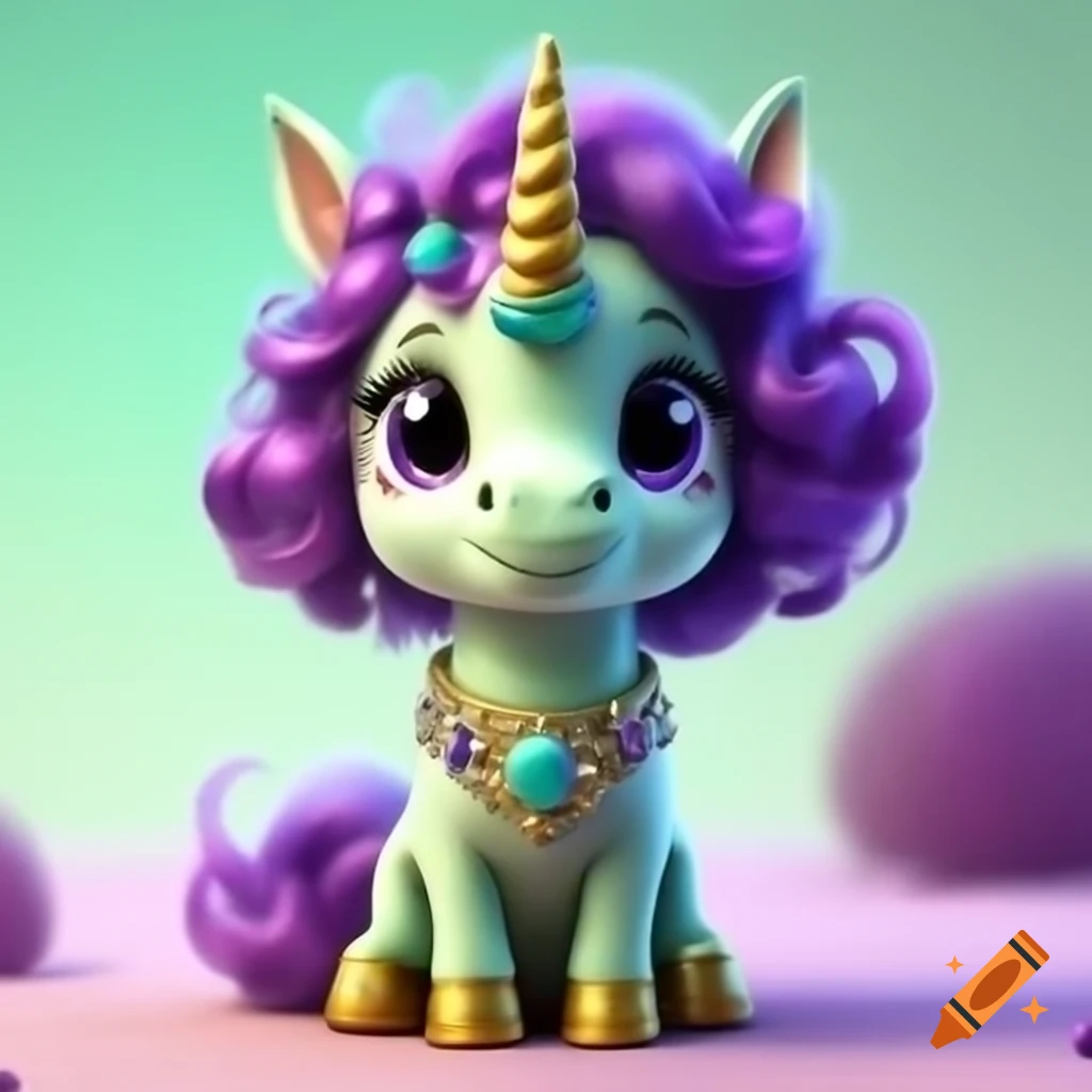 Cute green unicorn with curly purple hair adorned with jewels