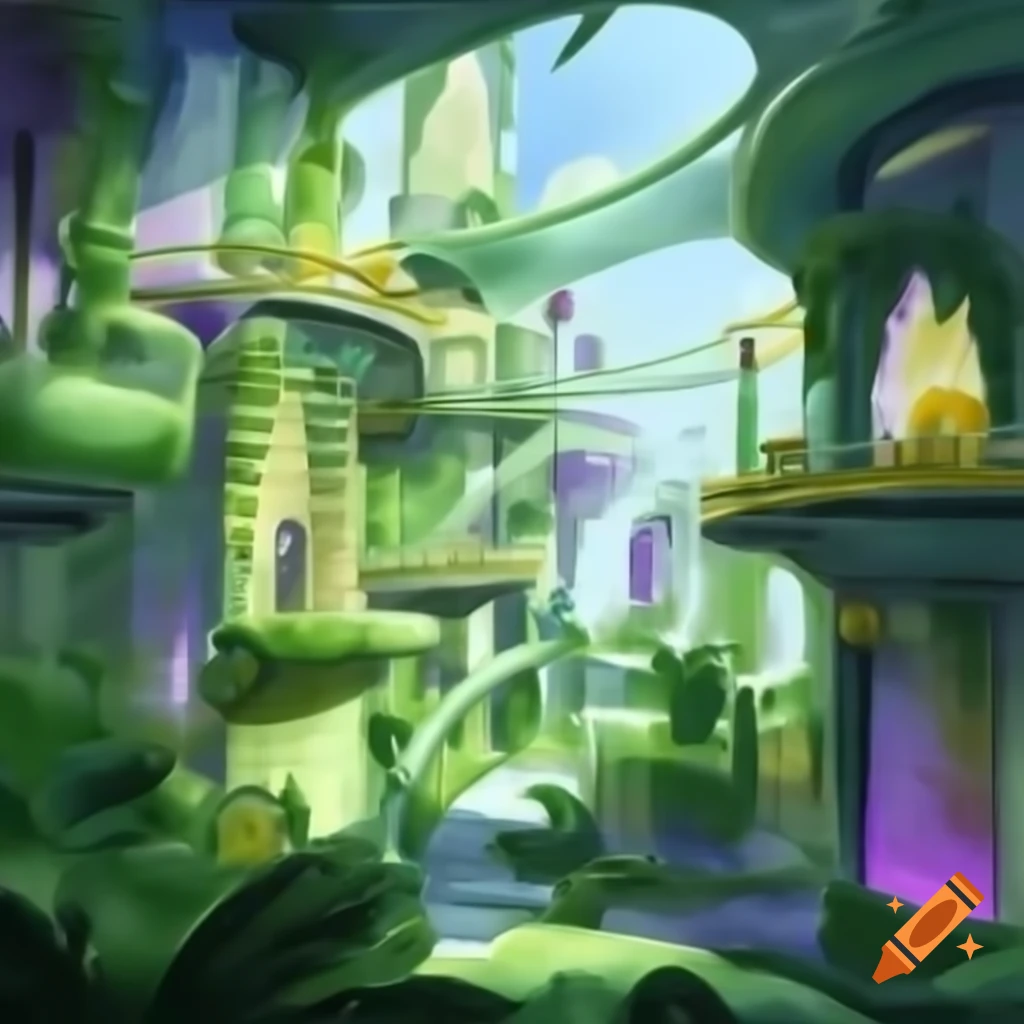 Watercolor painting of futuristic city in Art Nouveau style blending organic and technological aesthetics