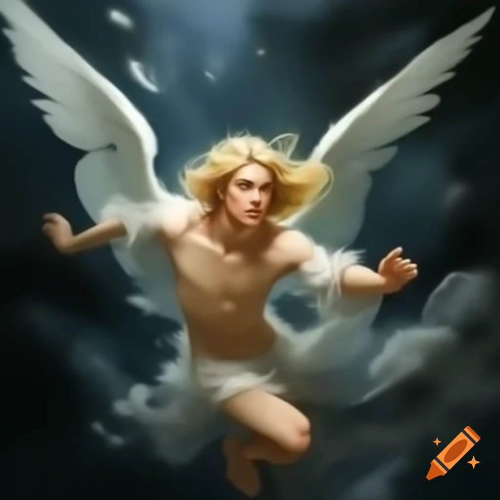 Renaissance style painting of a long-haired blonde male angel falling from heaven