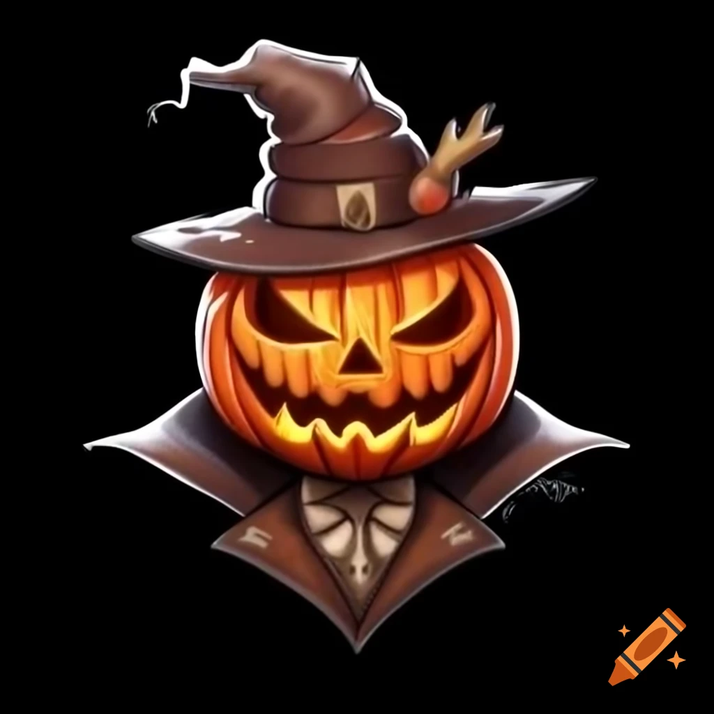 Sinister pumpkin character with skeleton body and tattered clothing on