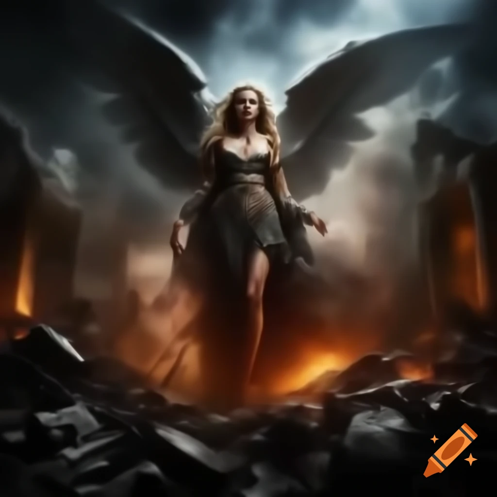 Aftermath of Dream War with smoke, ruins, and mythological creatures