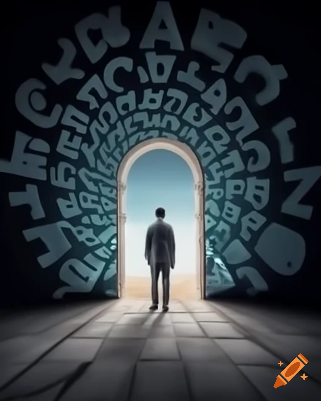Young scientist in front of fractal portal with swirling 'mathematics' inscription