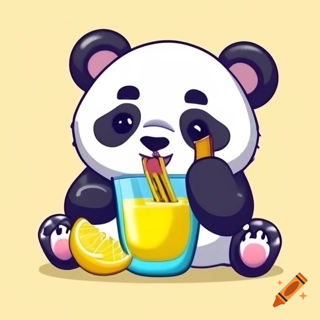 Cartoon art of panda bear enjoying a lemon drink