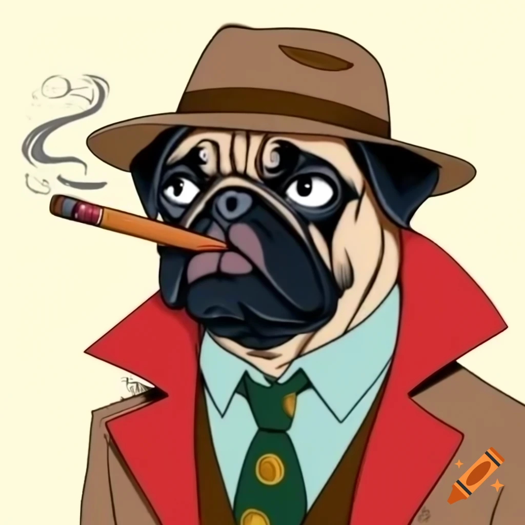 Angry pug detective in fedora and trench coat using magic in comic book style