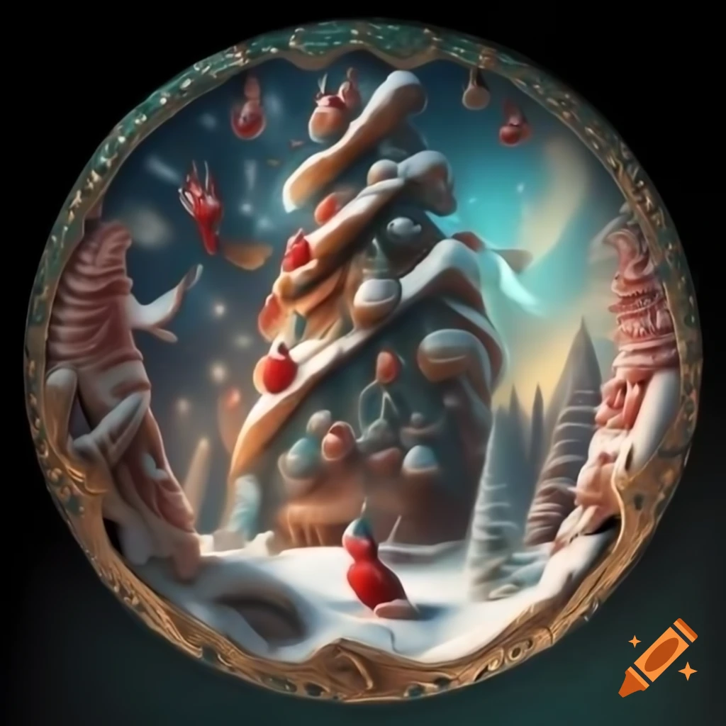 3D illustration of Christmas forest scene merging Native Salish and Russian fairytale motifs