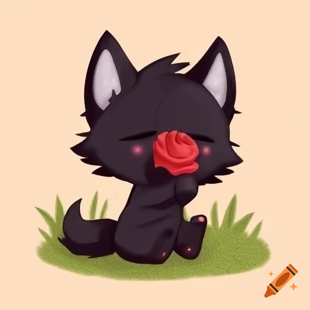 Anthro black wolf holding rose in mouth, sitting on grass with expressive eyes